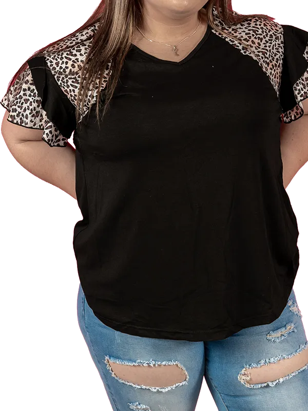 black leopard ruffle sleeve plus top