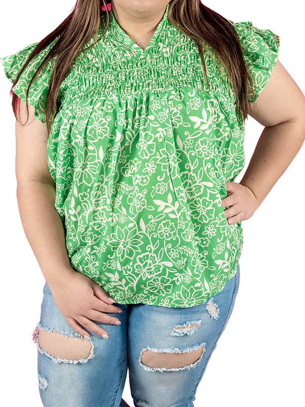 Home 4 green floral flutter sleeve plus blouse