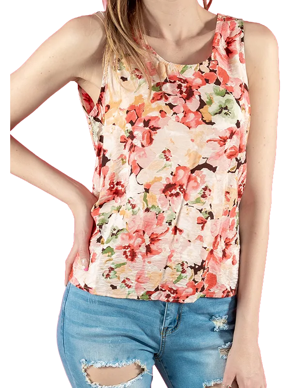 pink floral round neck tank top