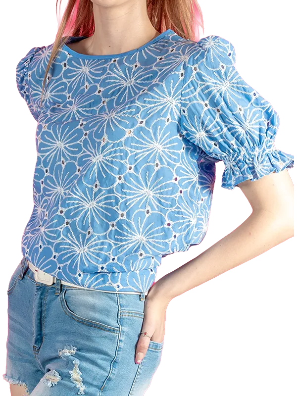 sky blue floral embroided frilled puff sleeve blouse