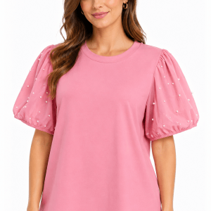 BRIGHT PINK PEARL PUFF SLEEVE TOP