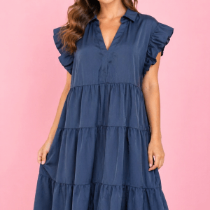 NAVY BLUE V NECK SLEEVE PLUS SIZE DRESS